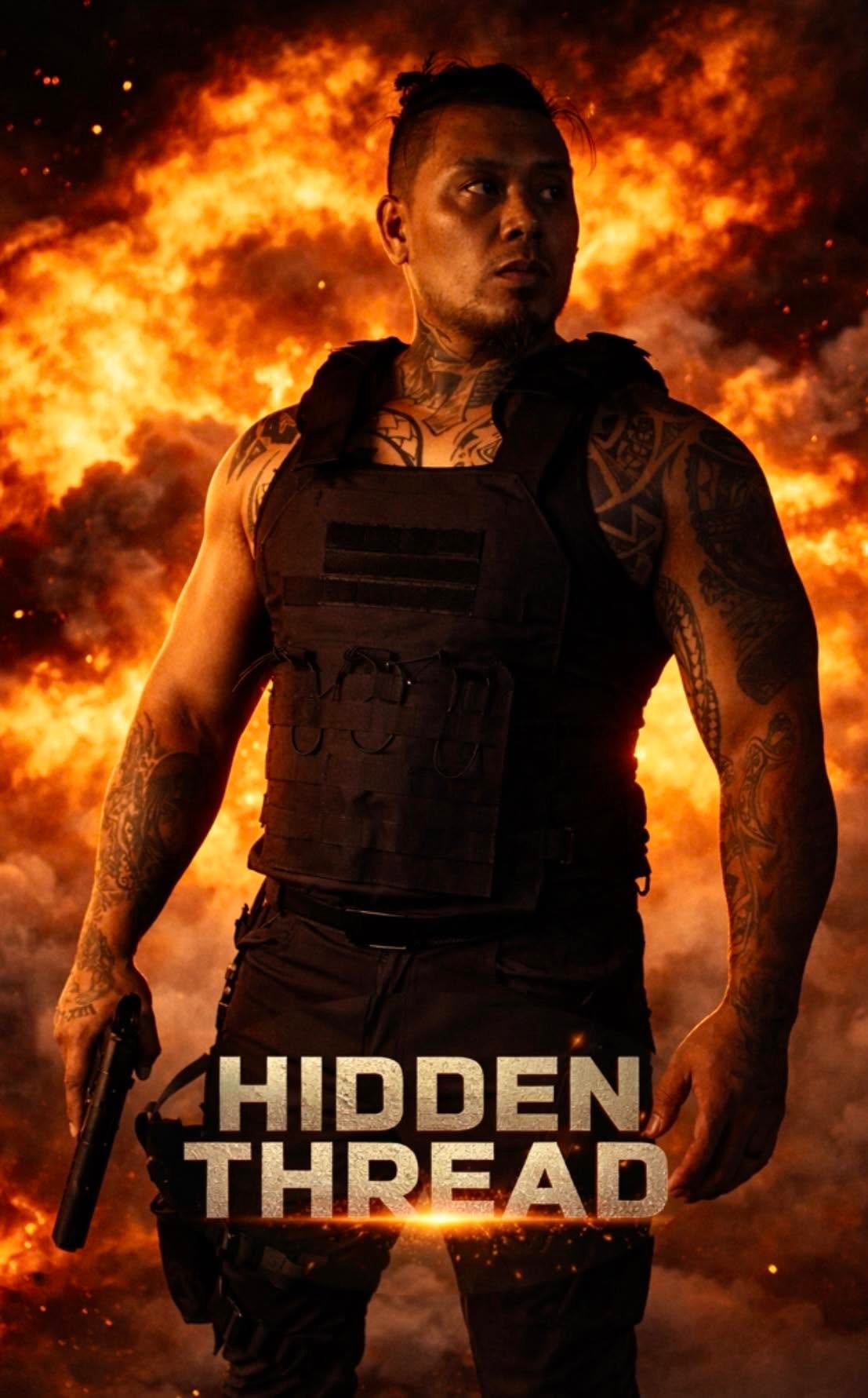 Hidden Thread — Ben Matias in tactical gear against a wall of fire